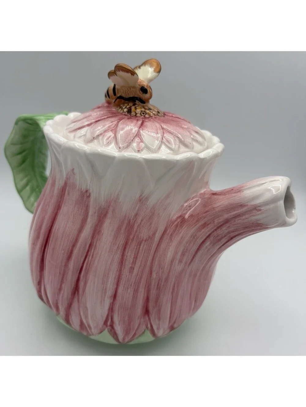 Vintage The Bombay Company Pink Gerber Daisy Teapot with Bumble Bee Lid